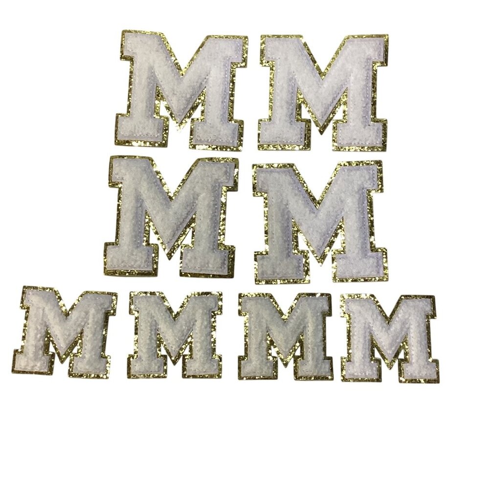 8 pc Chenille M Sew/Iron/Glue On  4-3" Patches & 4-2" Patches Fabric White/Gold